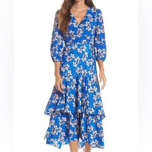 Eliza J floral wrap tiered midi dress in blue